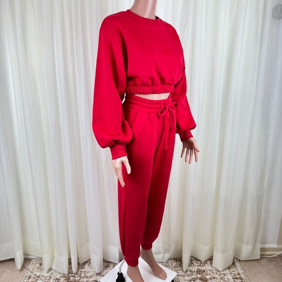 Zenana 2 Pcs Crop Sweatshirt Tracksuit High Waist Jogger Set Active Lounge Red - Picture 5 of 10